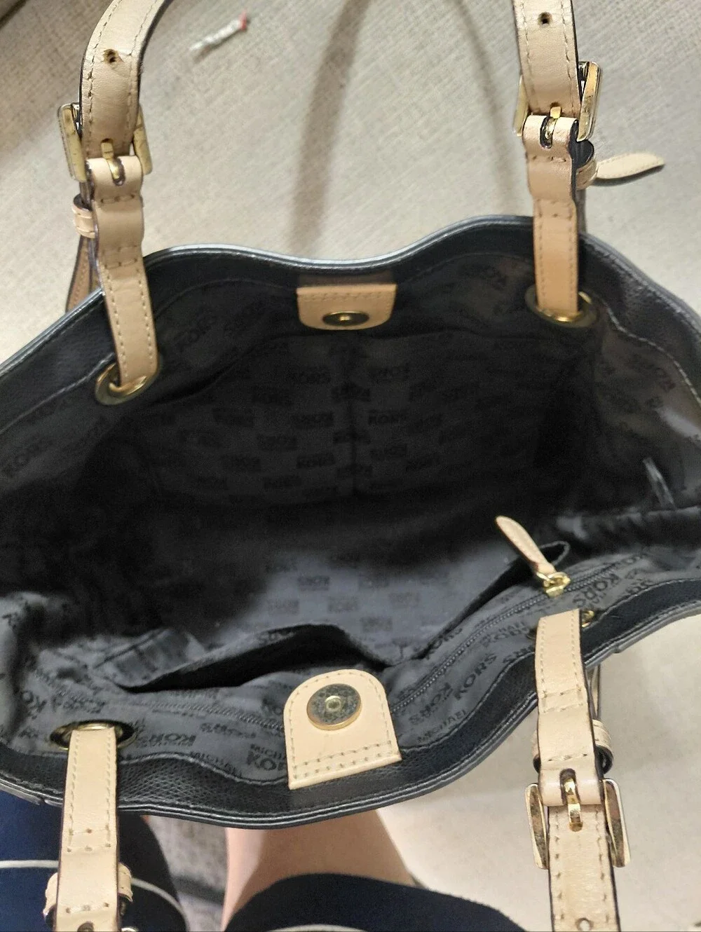 Michael Kors Black Leather Tote Shoulder Bag with Gold Emblem